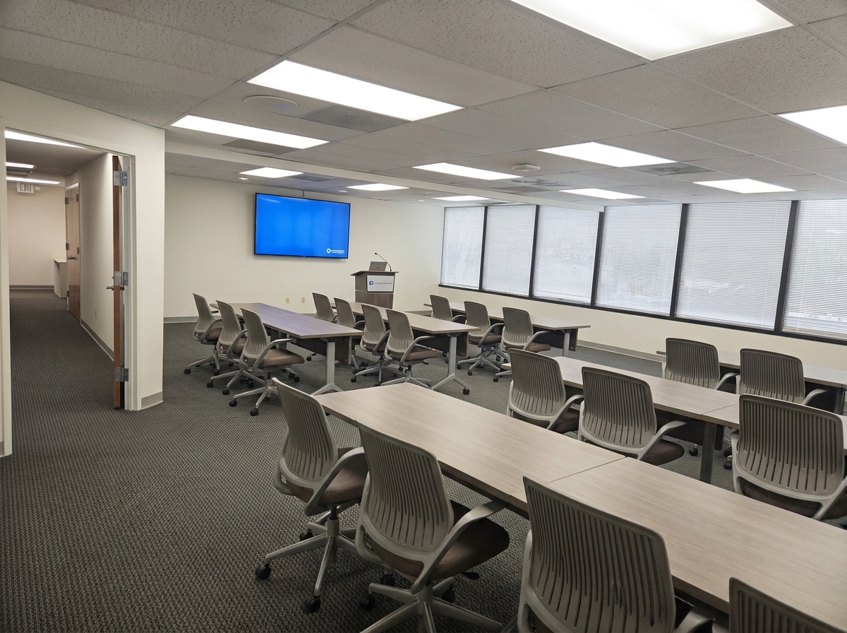 Large conference room looking toward hallway